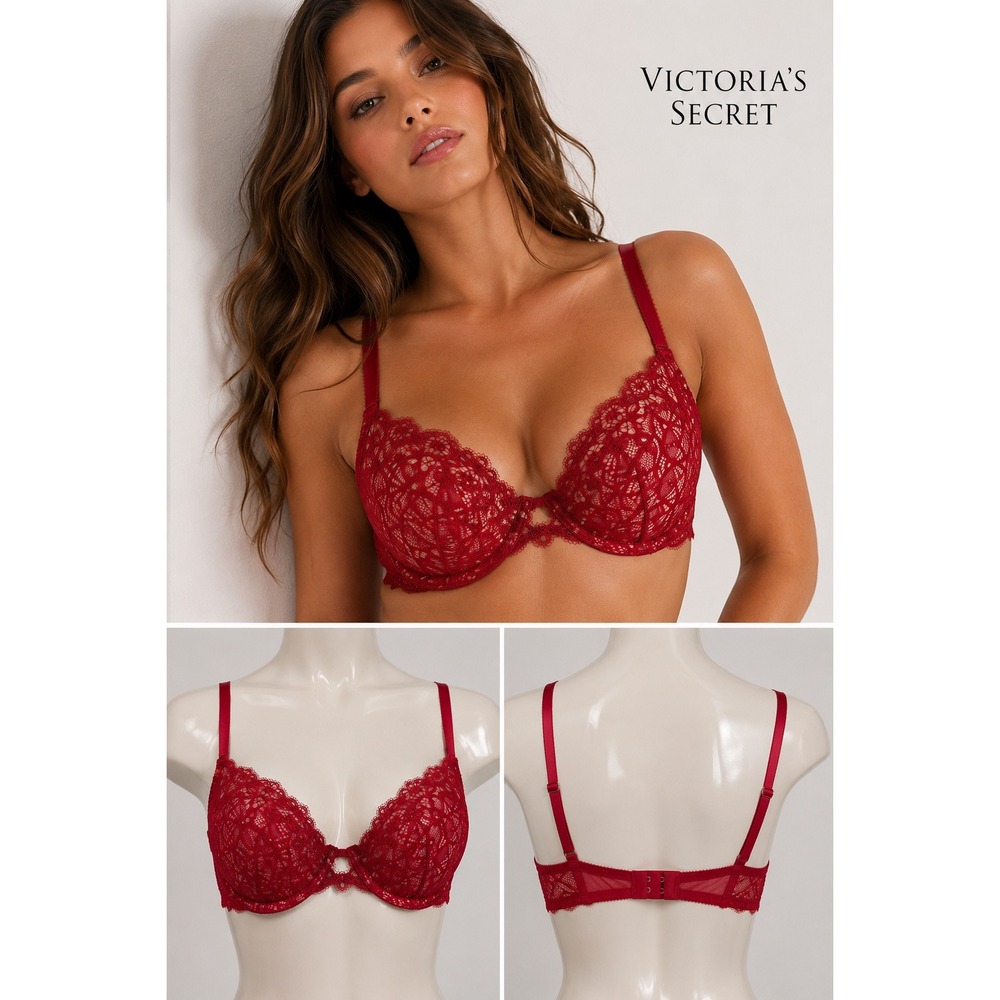 Victorias Secret Dream Angels Wicked Unlined Uplift Bra Red Lace 372757-79E 34B